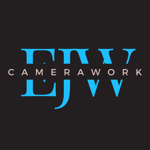 dark gray background. In large blue letters it say EJW then on top are light pink it says camera work with a dark gray background.