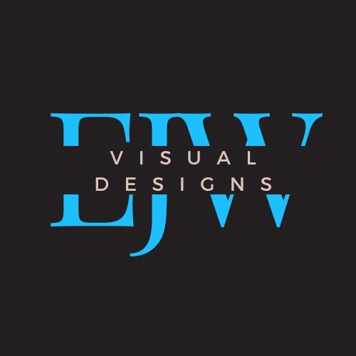 dark gray background. In large blue letters it say EJW then on top are light pink it says visual designs with a dark gray background.